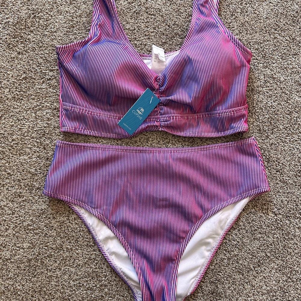 NWT Cupshe Pink and Blue Striped Bikini Set